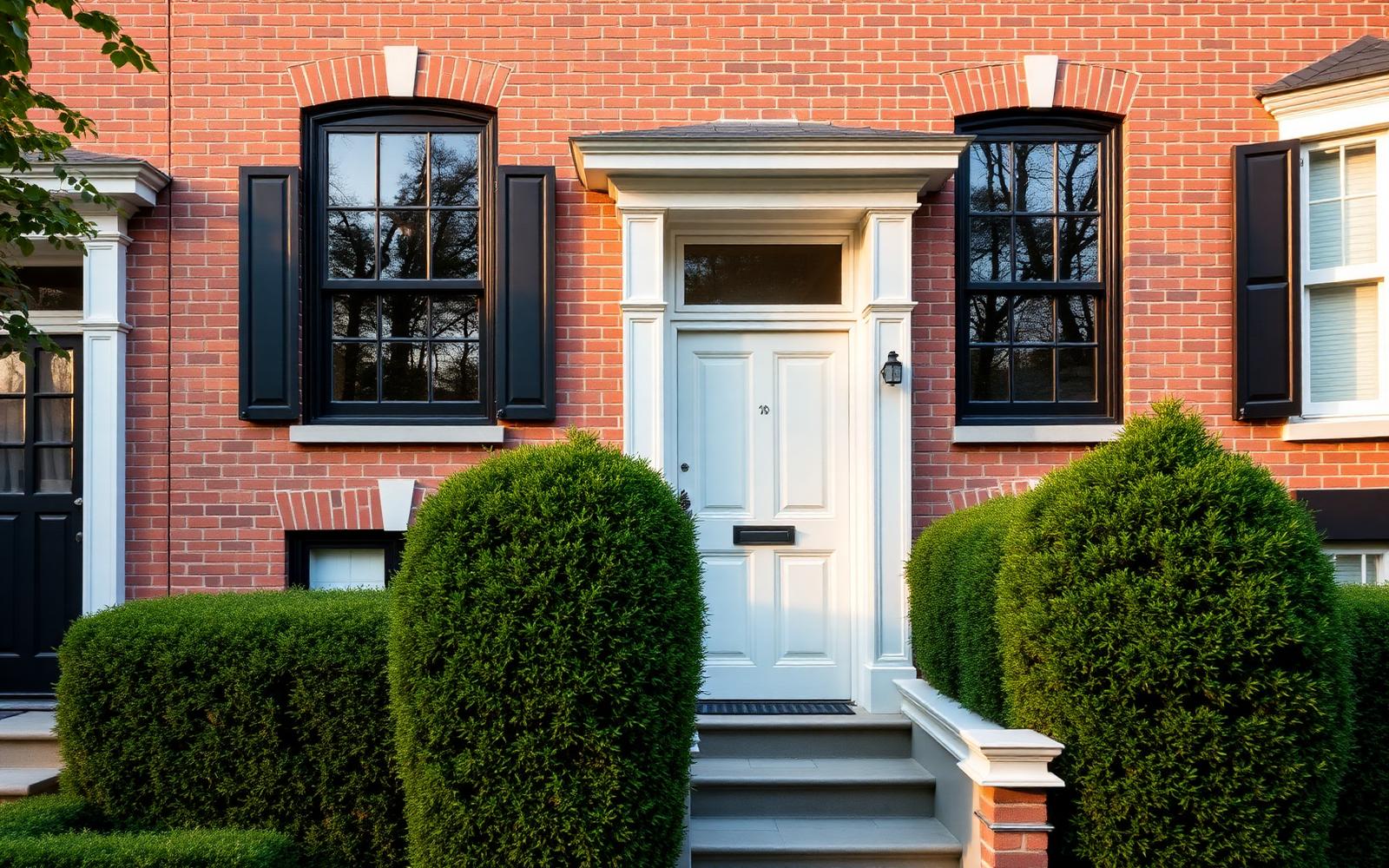 Front entrance of a well-kept brick home with trimmed hedges at golden hour