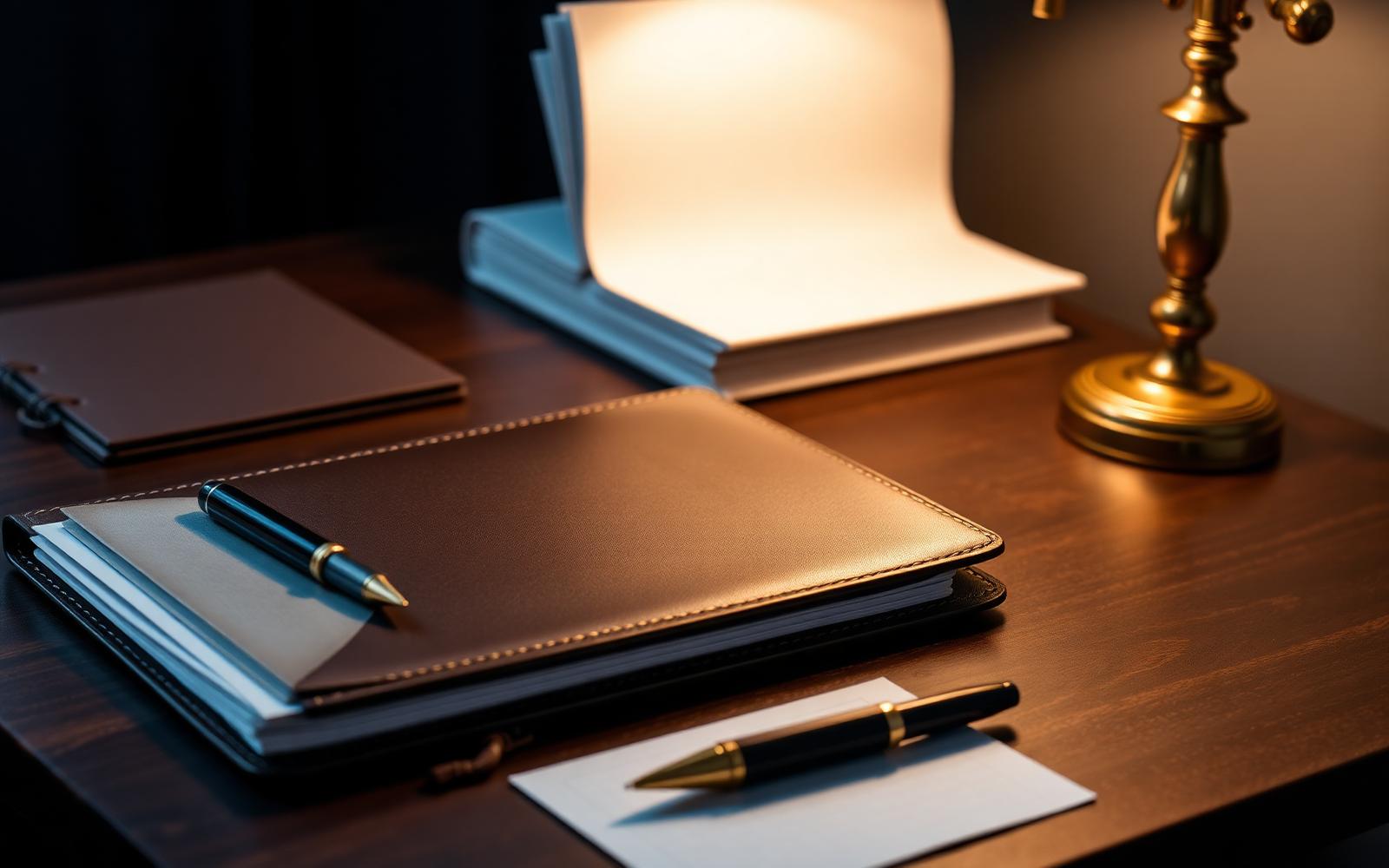 Organized executive desk with a leather portfolio and documents prepared for a tax review